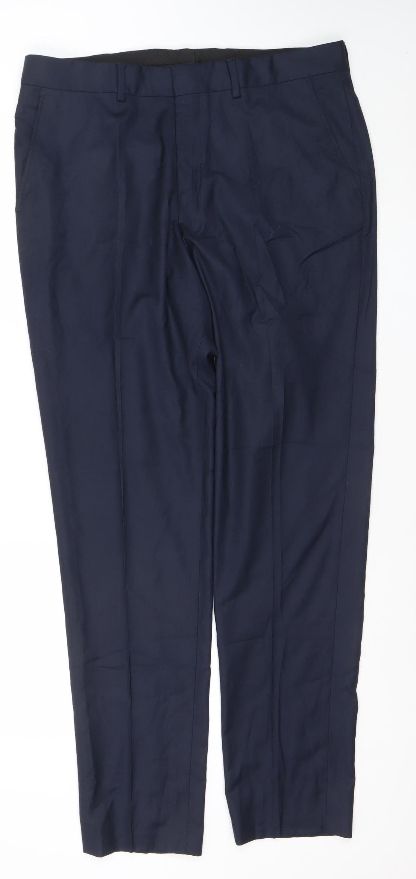 SELECTED HOMME Men's Blue Wool Blend Dress Trousers 34L