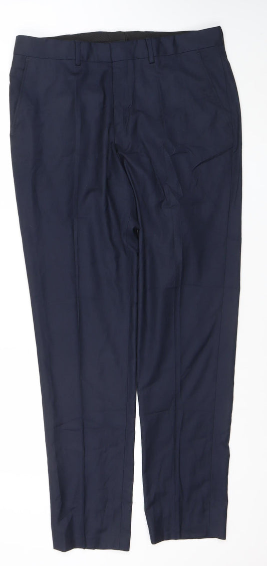 SELECTED HOMME Men's Blue Wool Blend Dress Trousers 34L