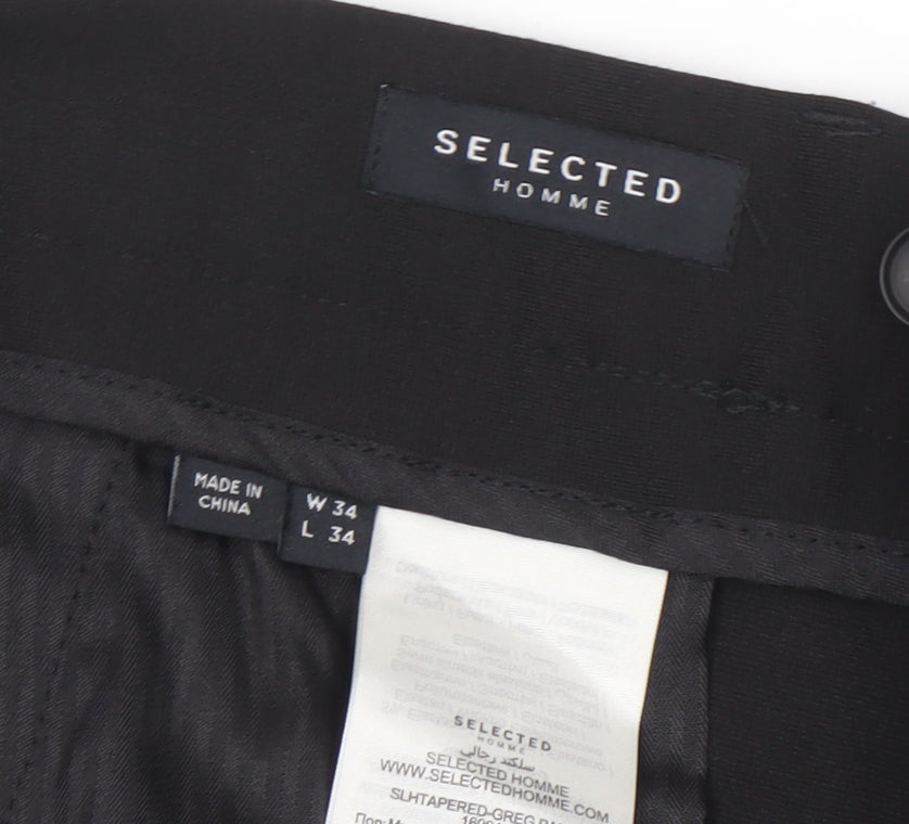 Selected Homme Men's Black Slim Tapered Trousers Size W34 L34 Polyester Blend