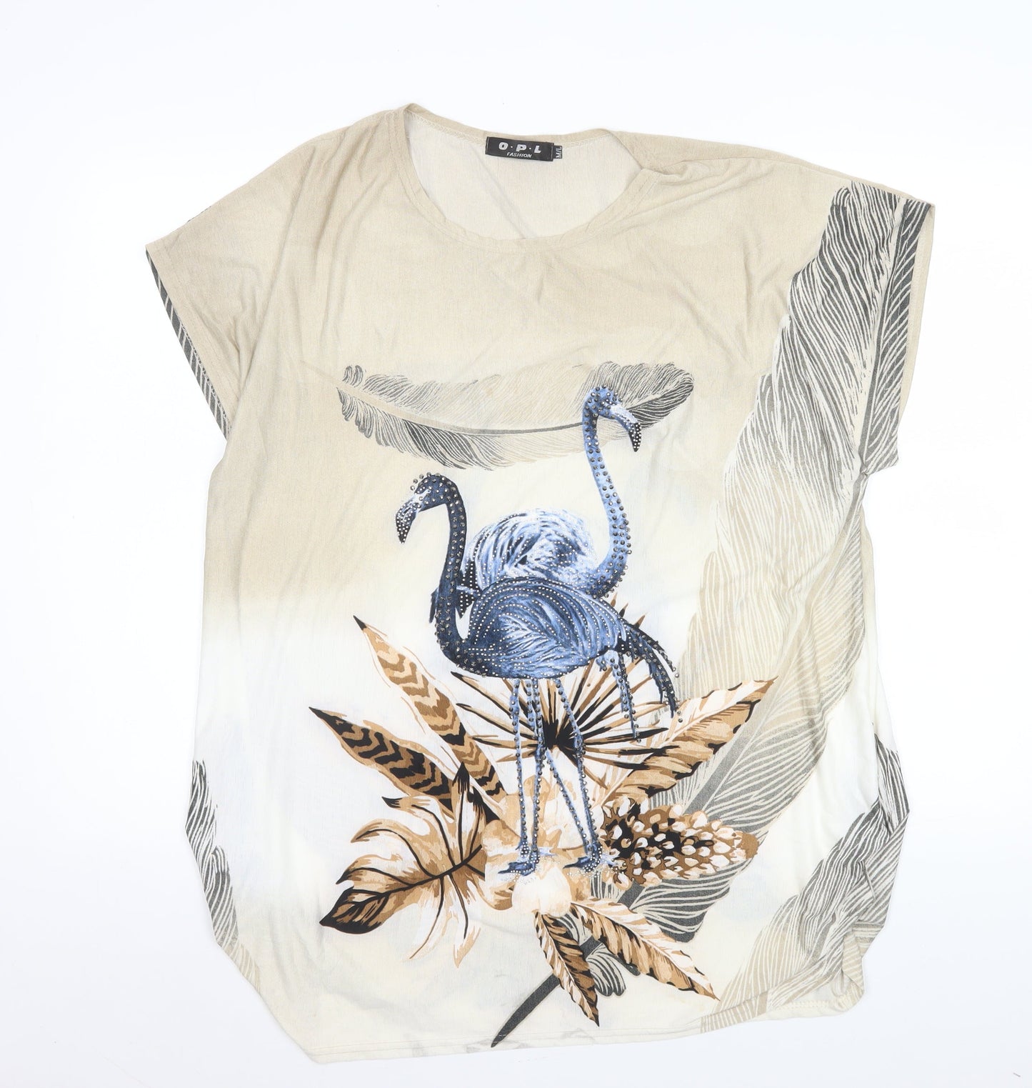 O.P.L Fashion Women’s Beige Flamingo Print Short Sleeve T-Shirt M