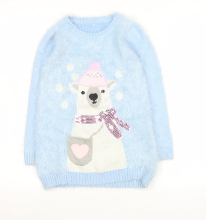 Additional front view of Dunnes girls’ blue polar bear furry jumper age 7 winter pullover