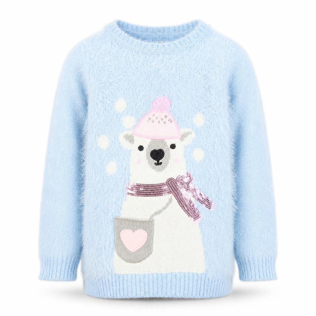 Dunnes Stores Girls Blue Polar Bear Furry Jumper Age 7 Winter Pullover