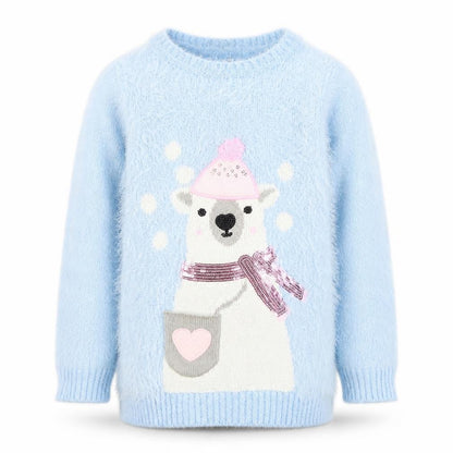 Front view of Dunnes girls’ blue polar bear furry jumper age 7 winter pullover