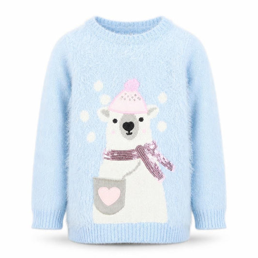 Dunnes Stores Girls Blue Polar Bear Furry Jumper Age 7 Winter Pullover