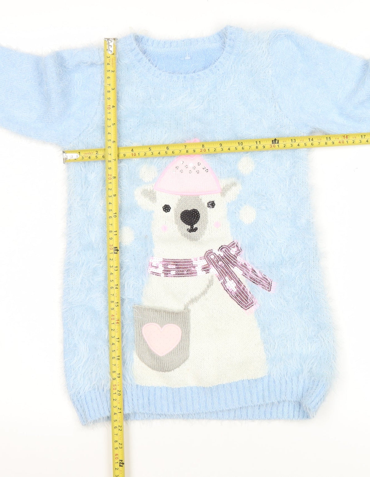 Dunnes Stores Girls Blue Polar Bear Furry Jumper Age 7 Winter Pullover