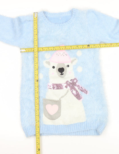 Back view of Dunnes girls’ blue polar bear furry jumper age 7 winter pullover