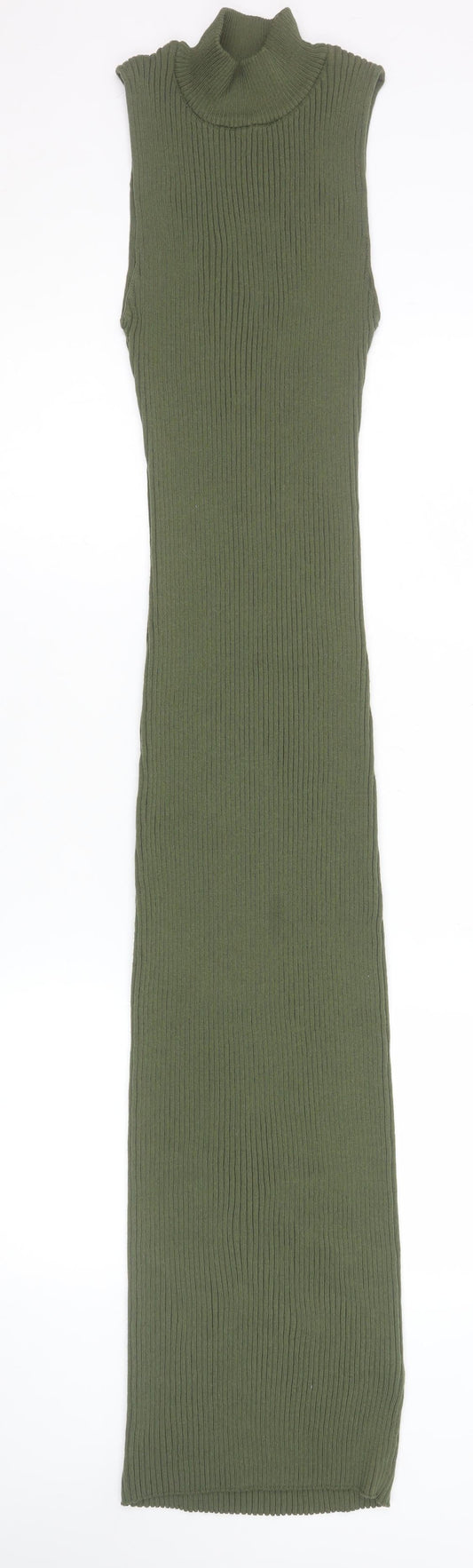 Zara Women Green Sleeveless High Neck Ribbed Bodycon Long Dress S