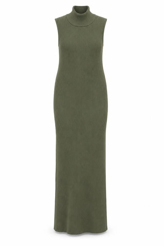 Zara Women Green Sleeveless High Neck Ribbed Bodycon Long Dress S