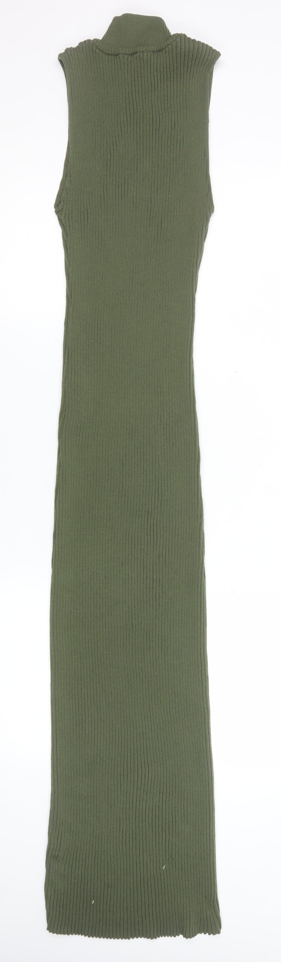 Zara Women Green Sleeveless High Neck Ribbed Bodycon Long Dress S