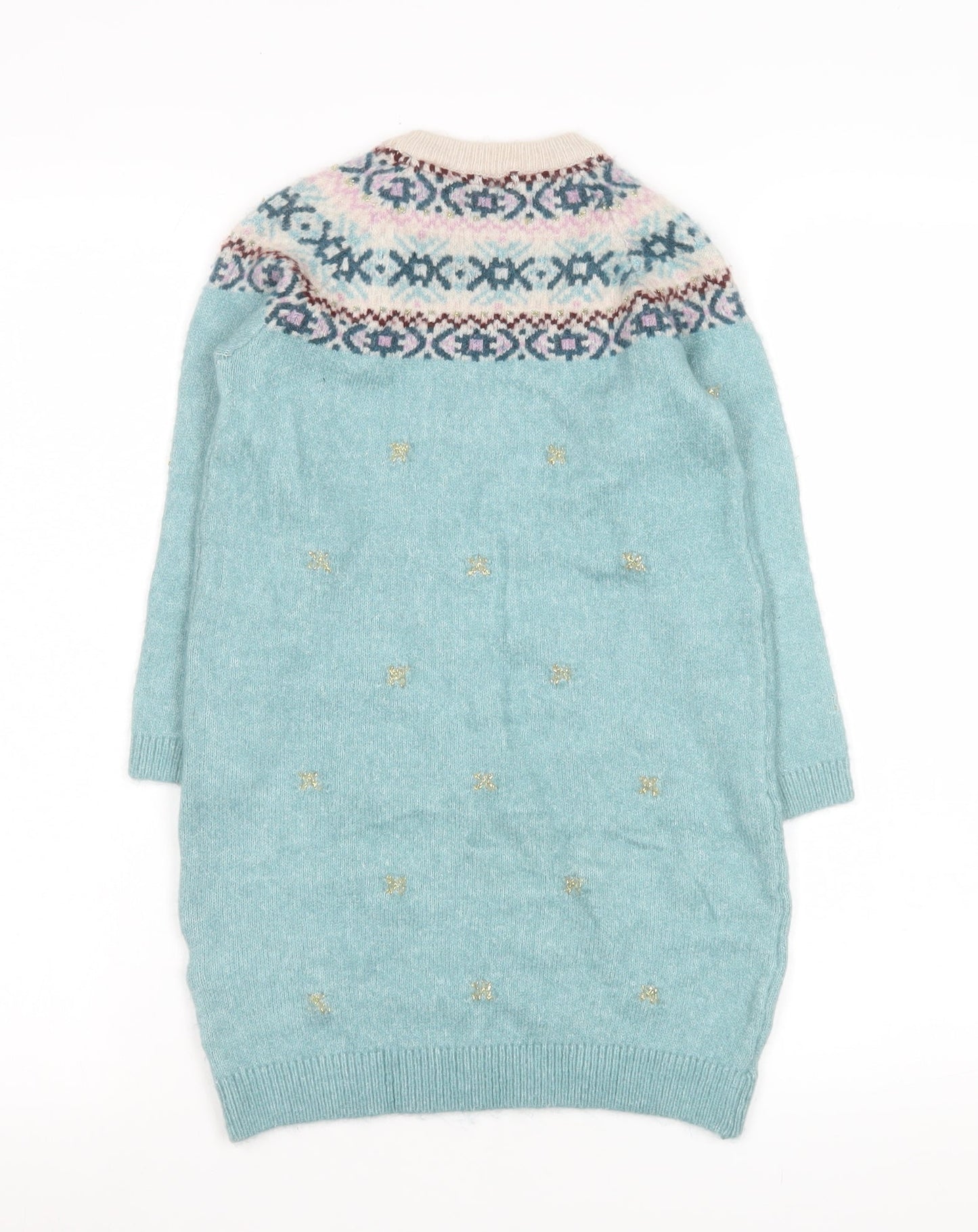Marks and Spencer Girls Green Fair Isle Knit Jumper Dress 4-5 Years Soft Acrylic Mix
