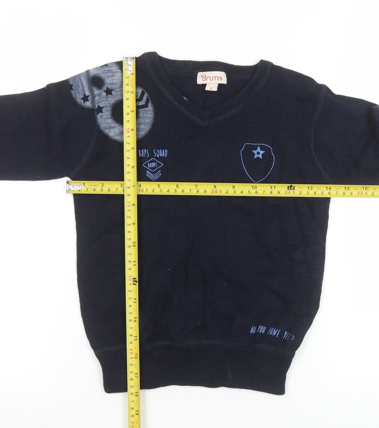 Brums Boys Navy Blue V-Neck Pullover Jumper 6 Years 100% Cotton Graphic Print