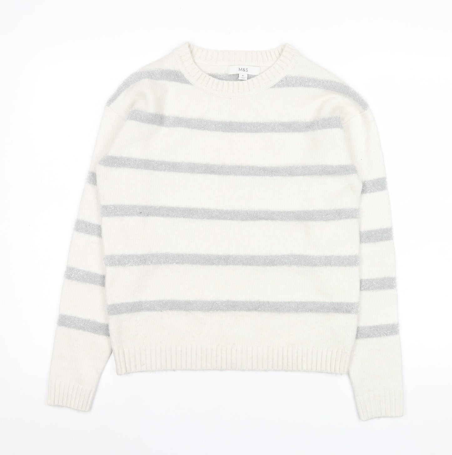 Marks and Spencer Women Ivory Striped Crew Neck Knit Jumper XS