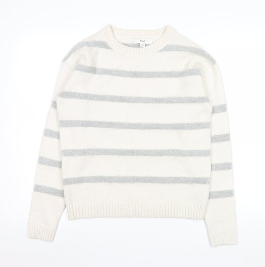 Marks and Spencer Women Ivory Striped Crew Neck Knit Jumper XS