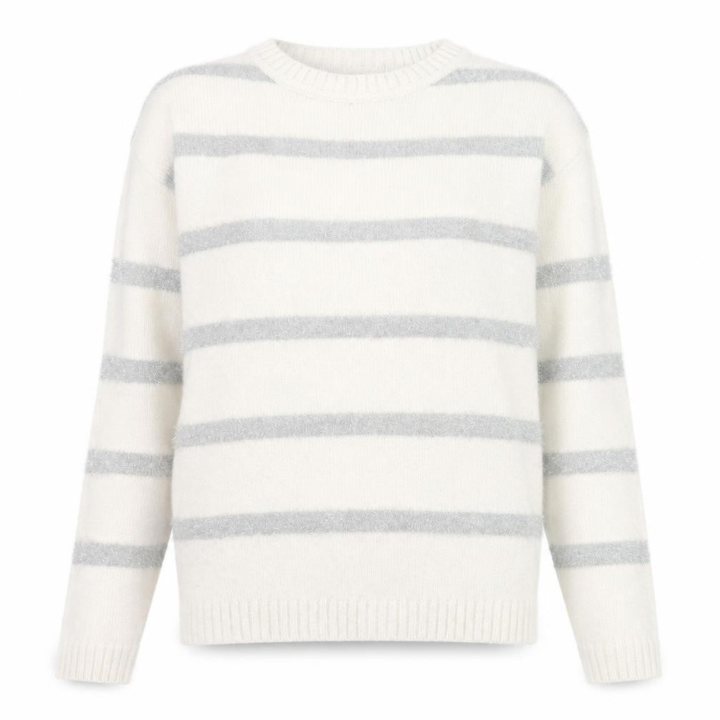 Marks & Spencer Women Ivory Striped Crew Neck Knit Jumper XS
