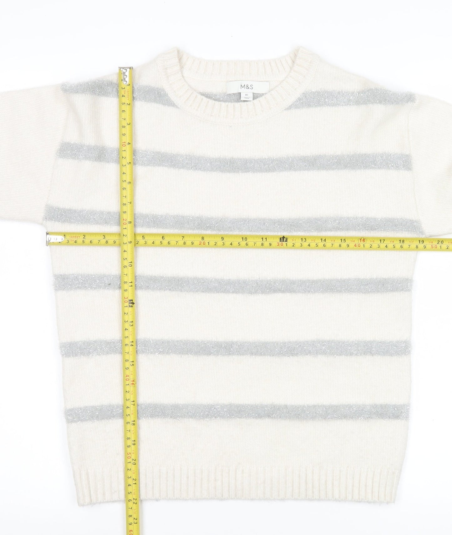 Marks and Spencer Women Ivory Striped Crew Neck Knit Jumper XS