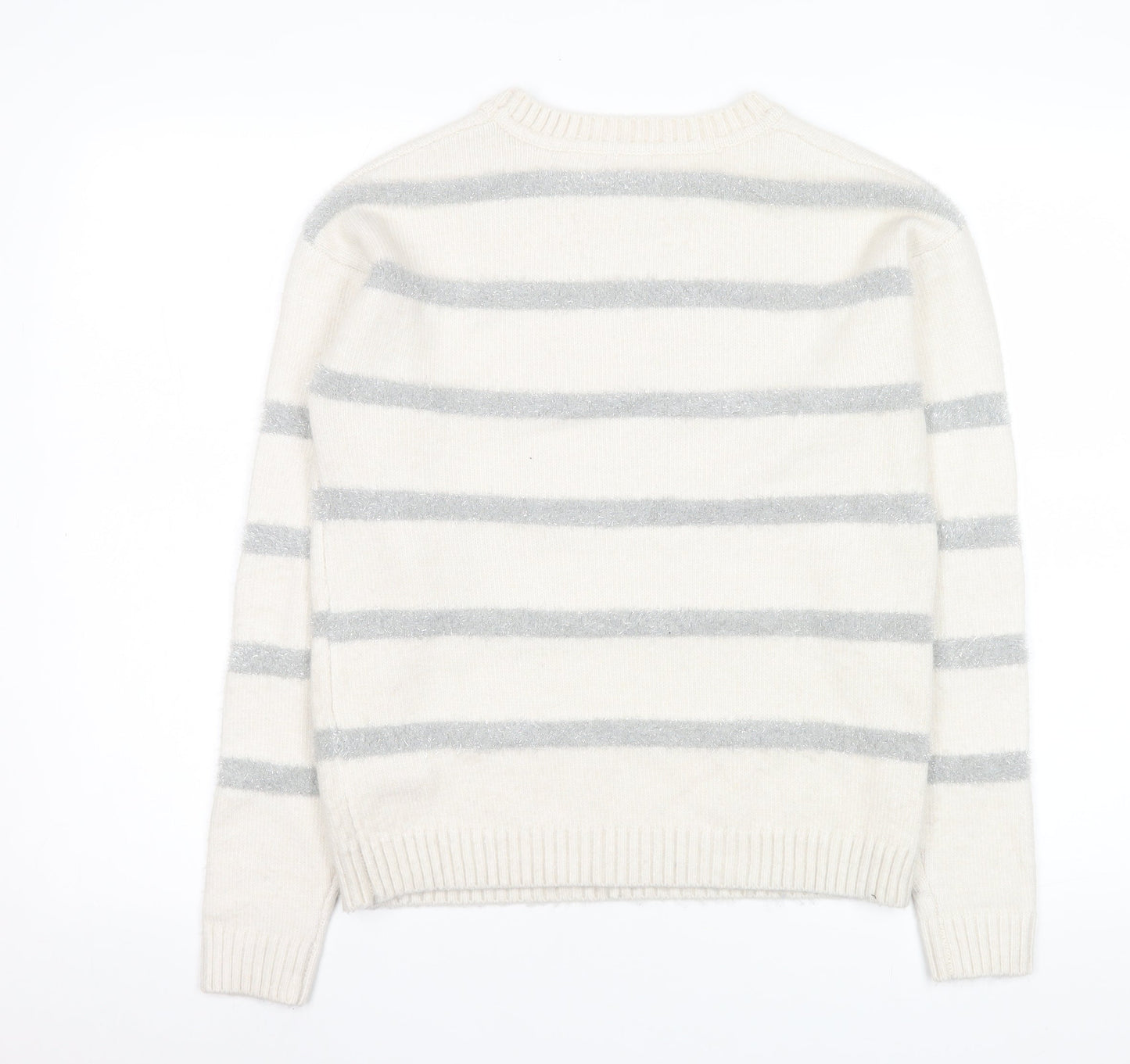 Marks and Spencer Women Ivory Striped Crew Neck Knit Jumper XS