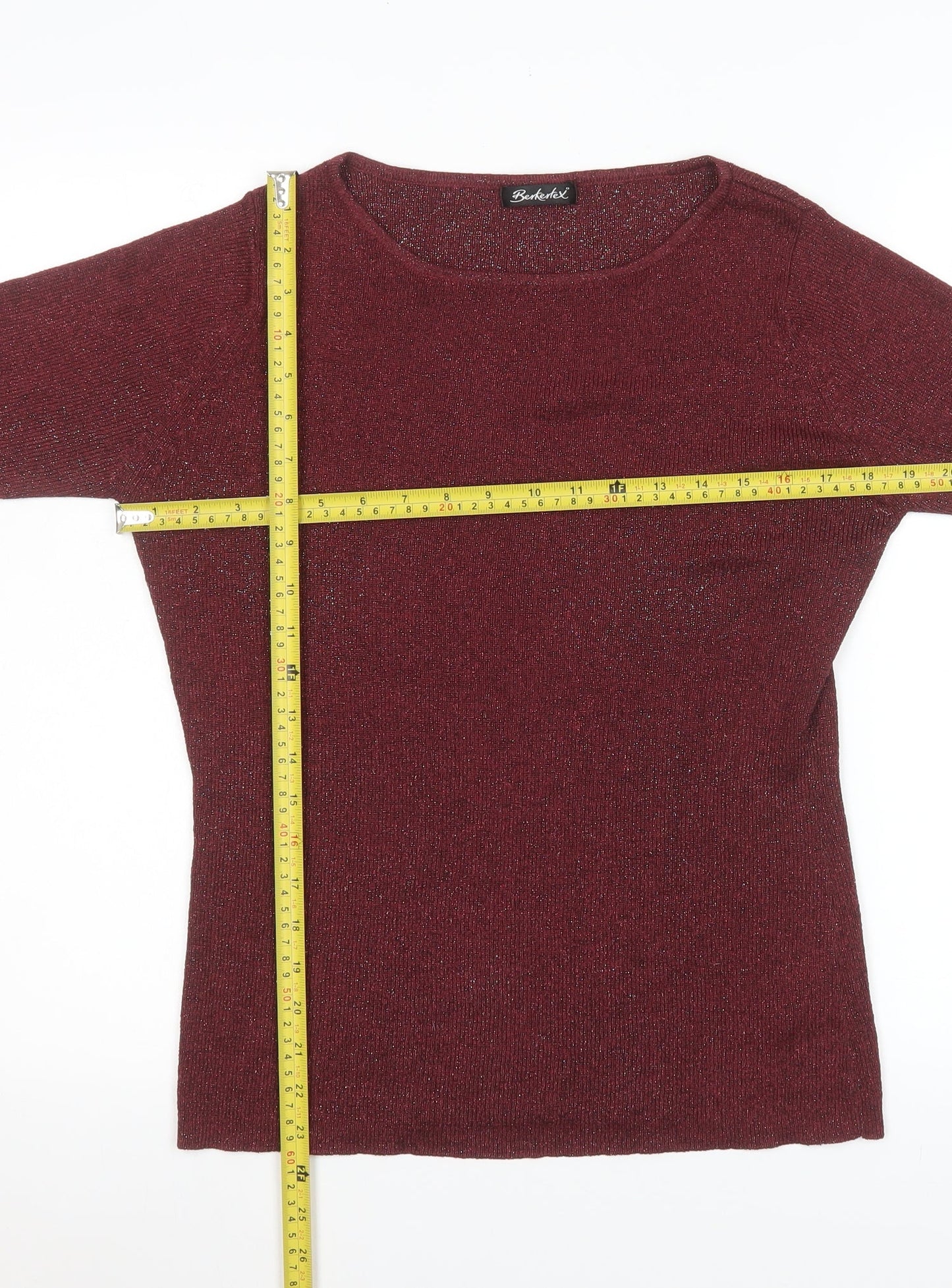 Berkertex Womens Red Knit 3/4 Sleeve Boat Neck Top Size 10-12