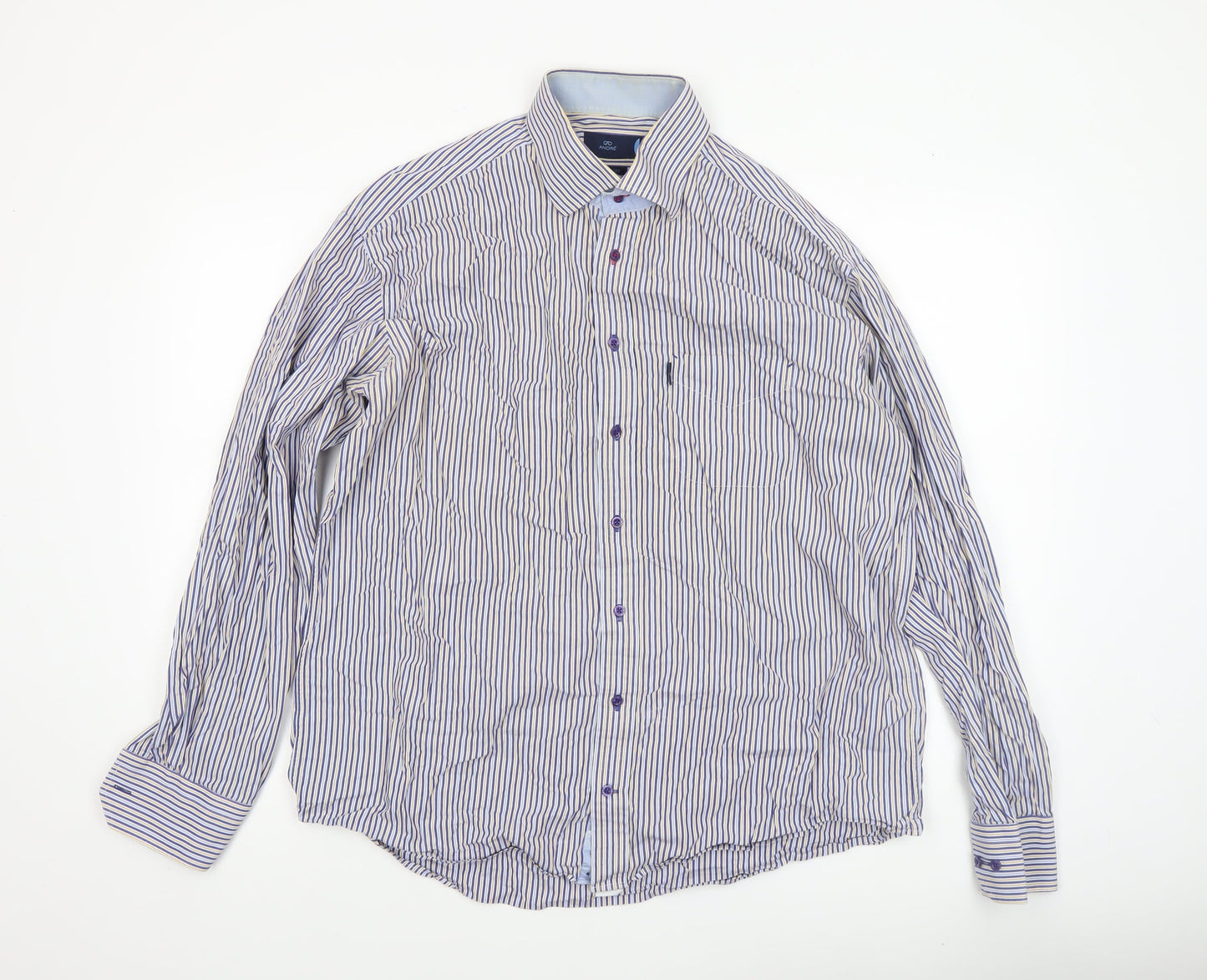 André Men's Blue Striped Cotton Long Sleeve Dress Shirt XL