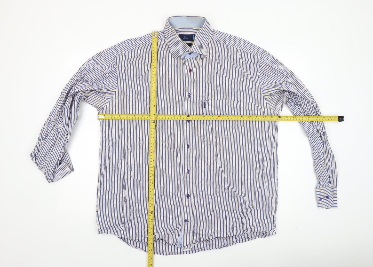 André Men's Blue Striped Cotton Long Sleeve Dress Shirt XL