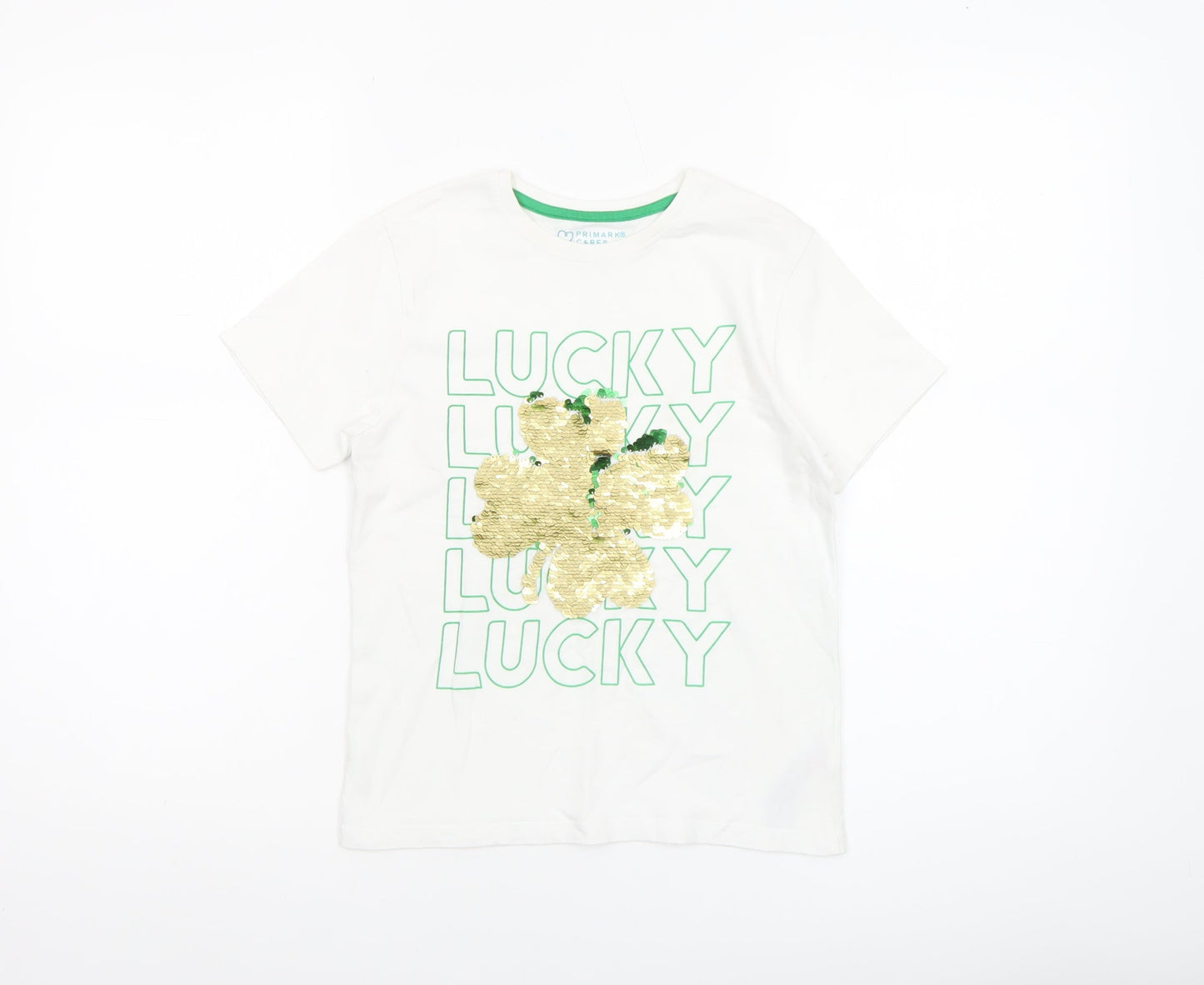 Primark Girls White Sequin Lucky Clover T-Shirt 7-8 Years