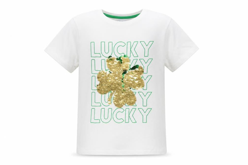 Primark Girls White Sequin Lucky Clover T-Shirt 7-8 Years