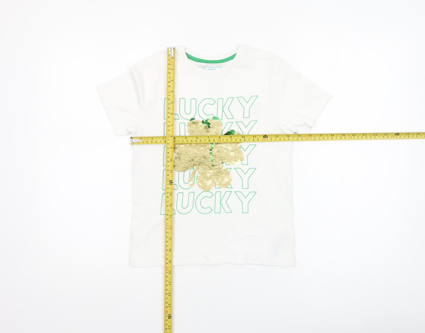 Primark Girls White Sequin Lucky Clover T-Shirt 7-8 Years