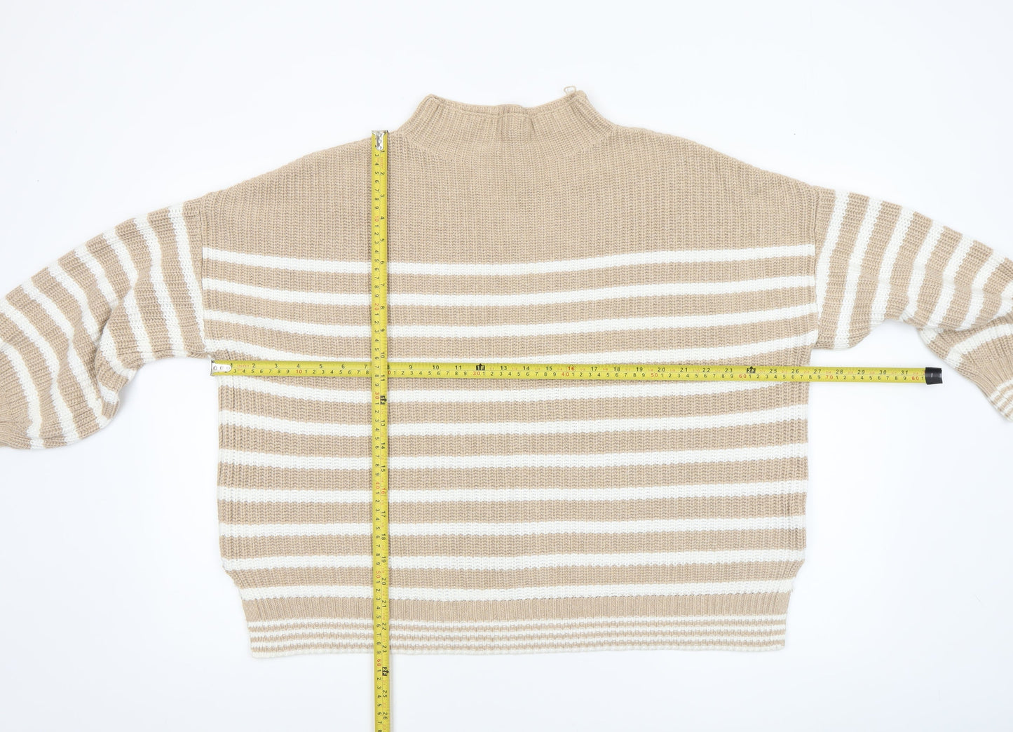 Cupcakes and Cashmere Women's Beige Striped Cotton Mock Neck Jumper L