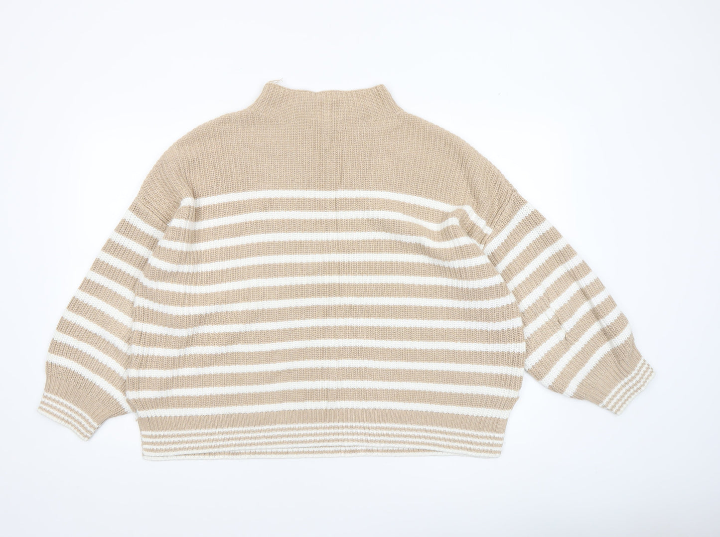 Cupcakes and Cashmere Women's Beige Striped Cotton Mock Neck Jumper L