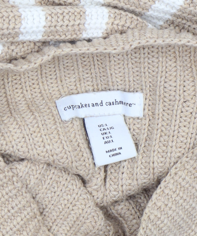 Cupcakes and Cashmere Women's Beige Striped Cotton Mock Neck Jumper L