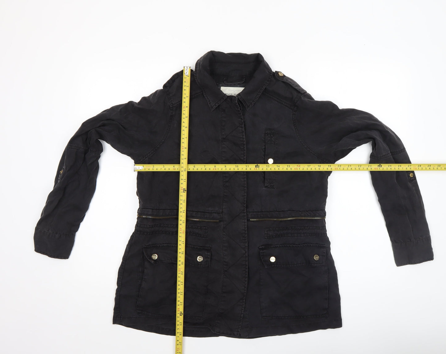 River Island Women's Black Military Jacket Size 8 Lyocell Mid-Length