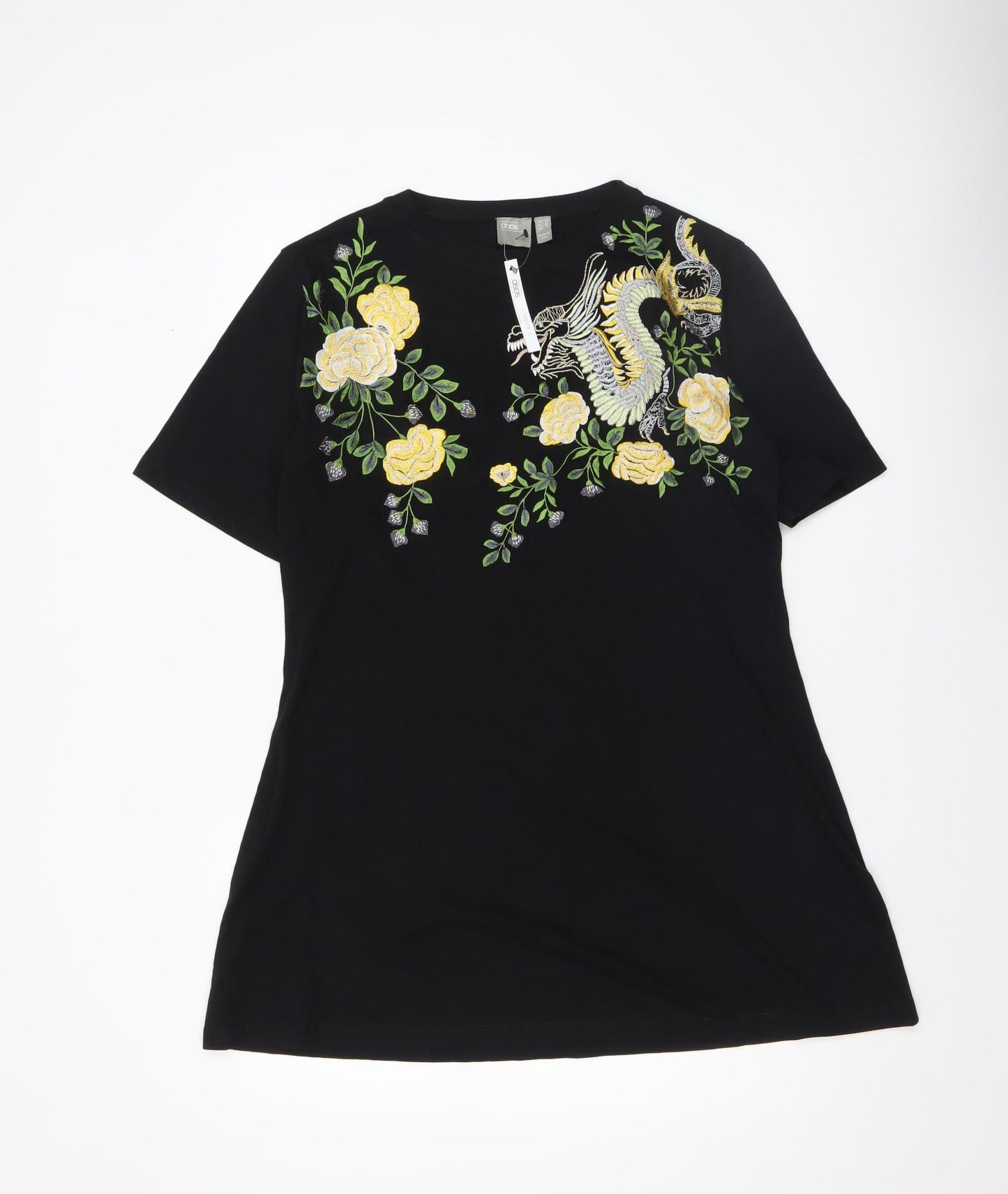 ASOS Women Black Size 10 Embroidered Dragon Floral T-Shirt Dress