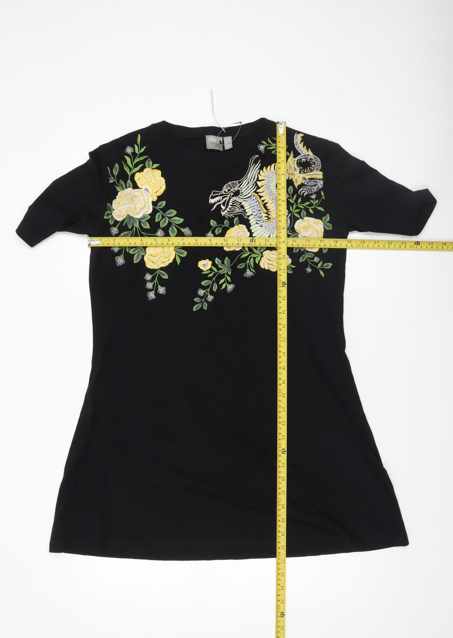 ASOS Women Black Size 10 Embroidered Dragon Floral T-Shirt Dress