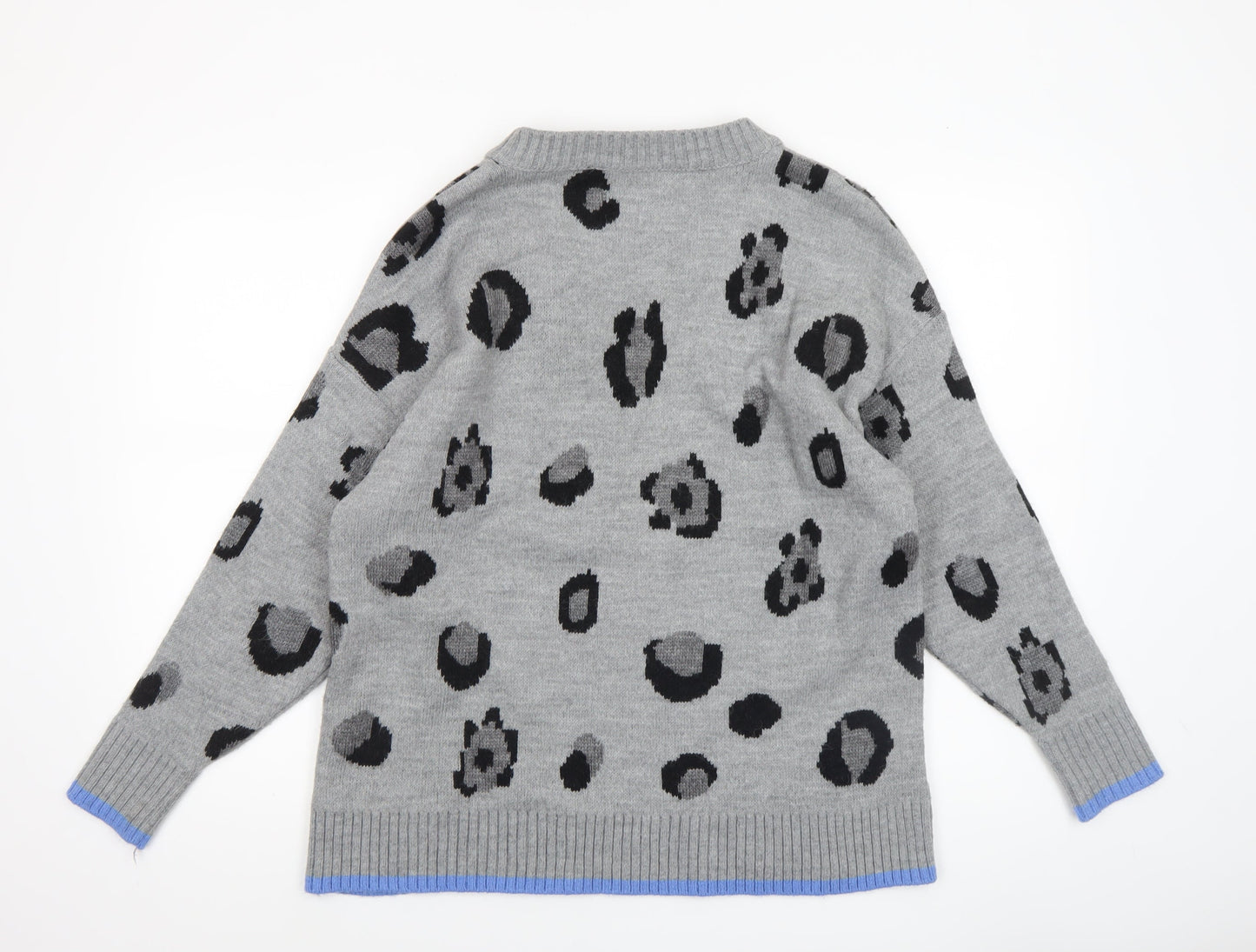 Fig & Basil Women's Grey Animal Print V-Neck Knit Jumper Size 12-14