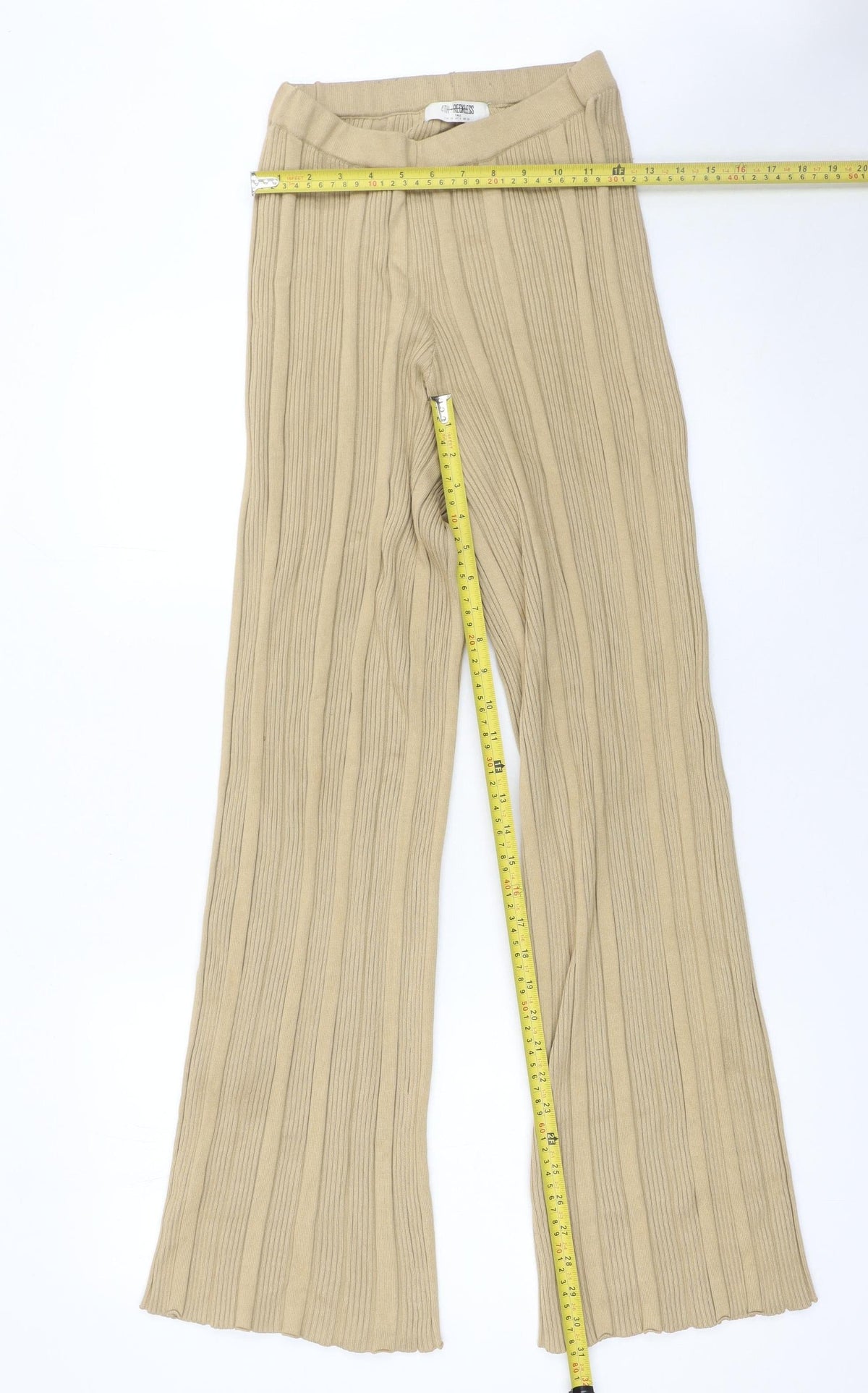 4th & Reckless Women’s Beige Ribbed Knit Wide-Leg Trousers Size 10 Tall