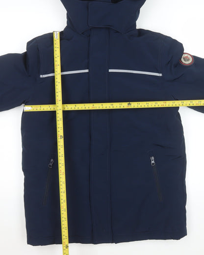 Back view of Andy & Evan boys’ blue hooded parka coat, size 11-12, years polyester winter jacket
