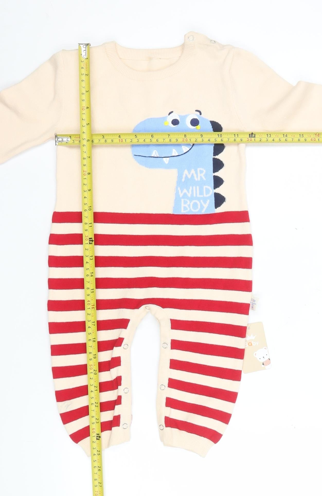 Baby Boys Beige Red Striped Cotton Dinosaur Babygrow 12 Months