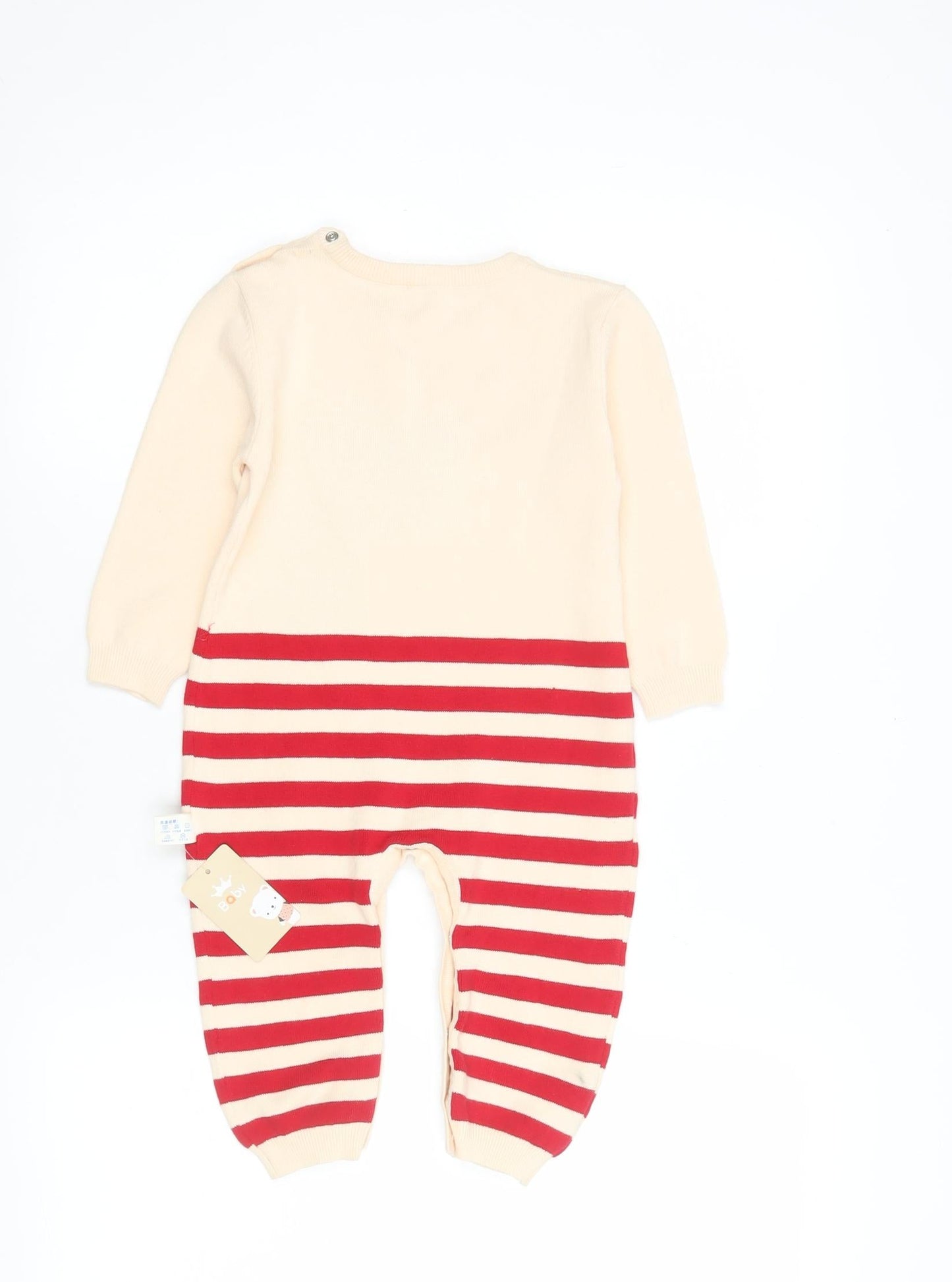 Baby Boys Beige Red Striped Cotton Dinosaur Babygrow 12 Months