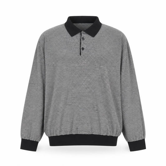 Peter Werth Men's Black Striped Cotton Long Sleeve Polo Shirt L
