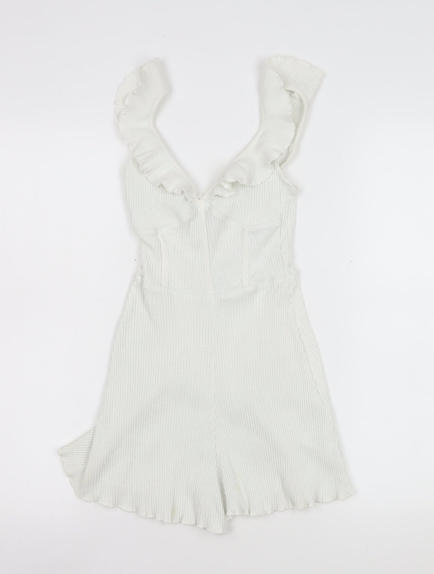 Bershka Women White Ribbed Ruffle Strap Playsuit Size XS Summer Casual