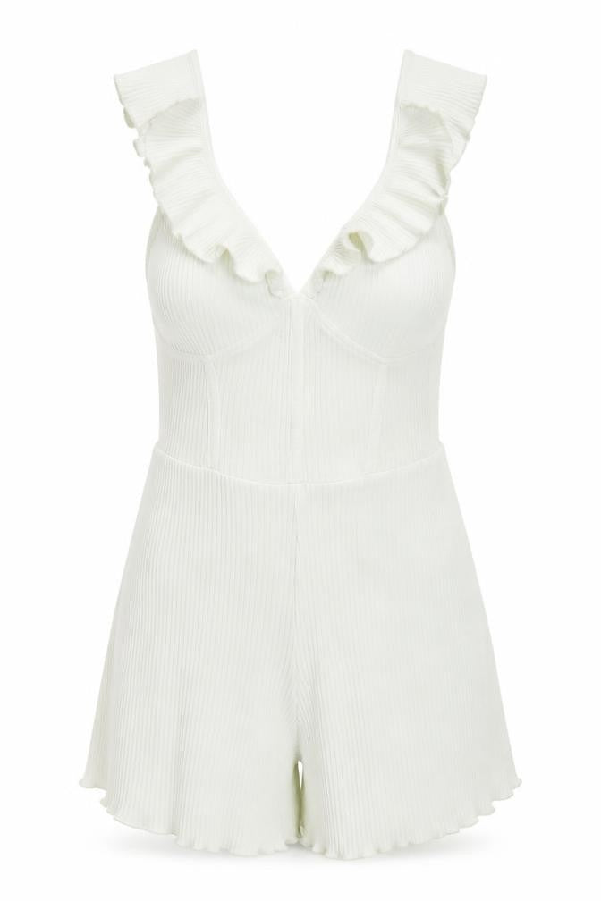 Bershka Women White Ribbed Ruffle Strap Playsuit Size XS Summer Casual