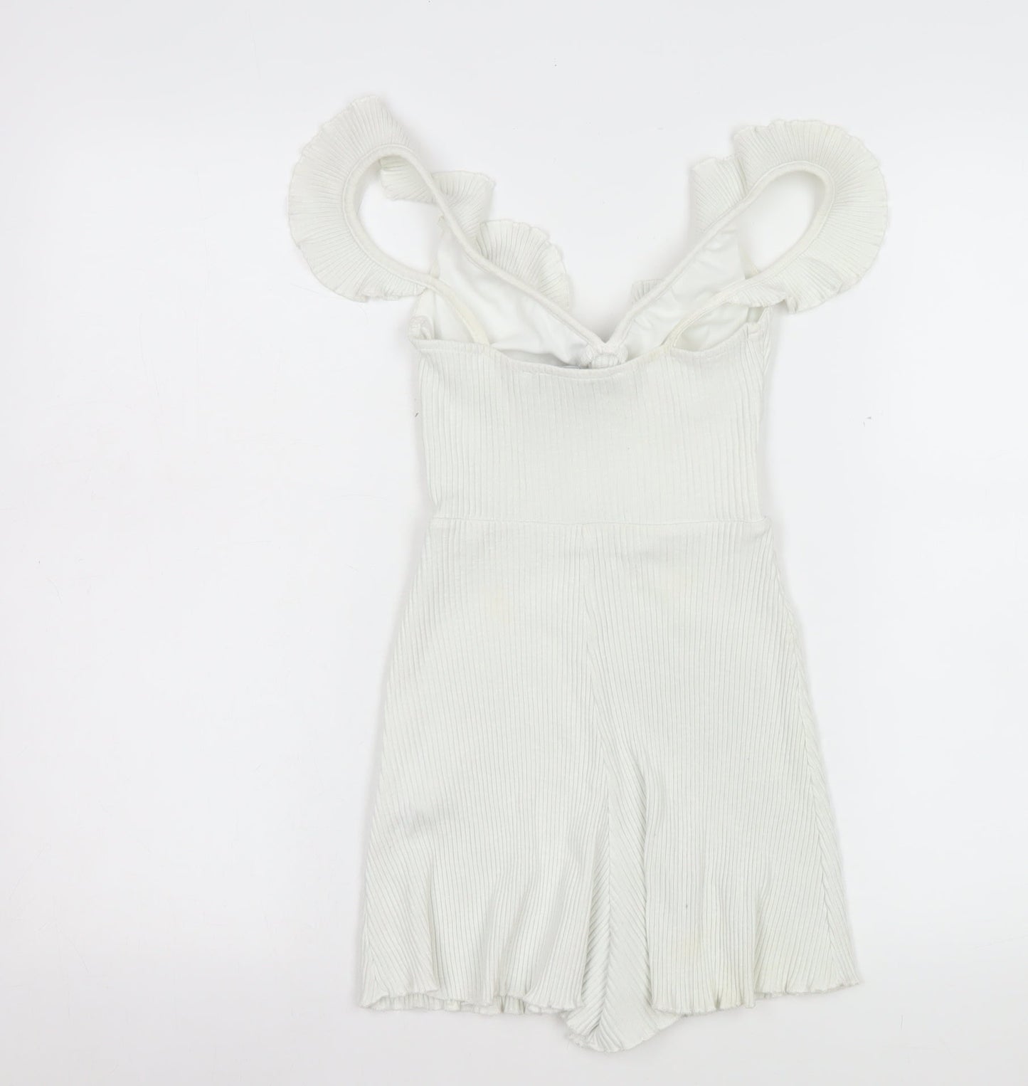 Bershka Women White Ribbed Ruffle Strap Playsuit Size XS Summer Casual