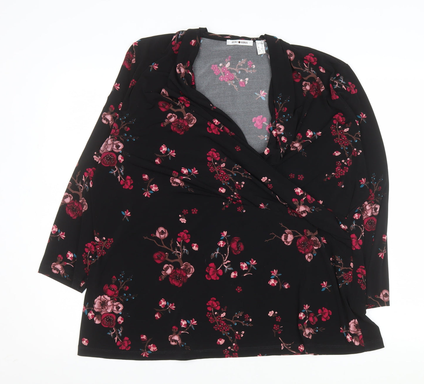 Punt Roma Women's Black Floral Wrap Blouse Long Sleeve XL
