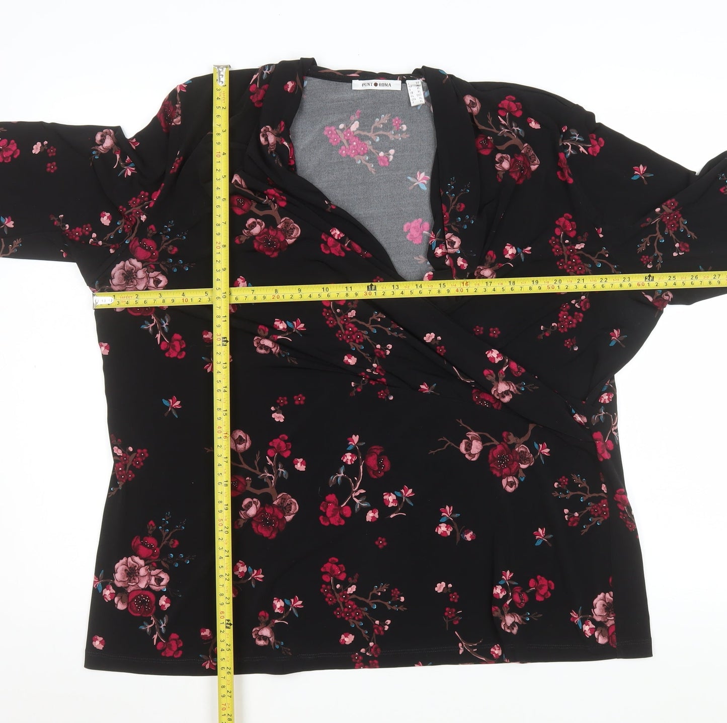 Punt Roma Women's Black Floral Wrap Blouse Long Sleeve XL