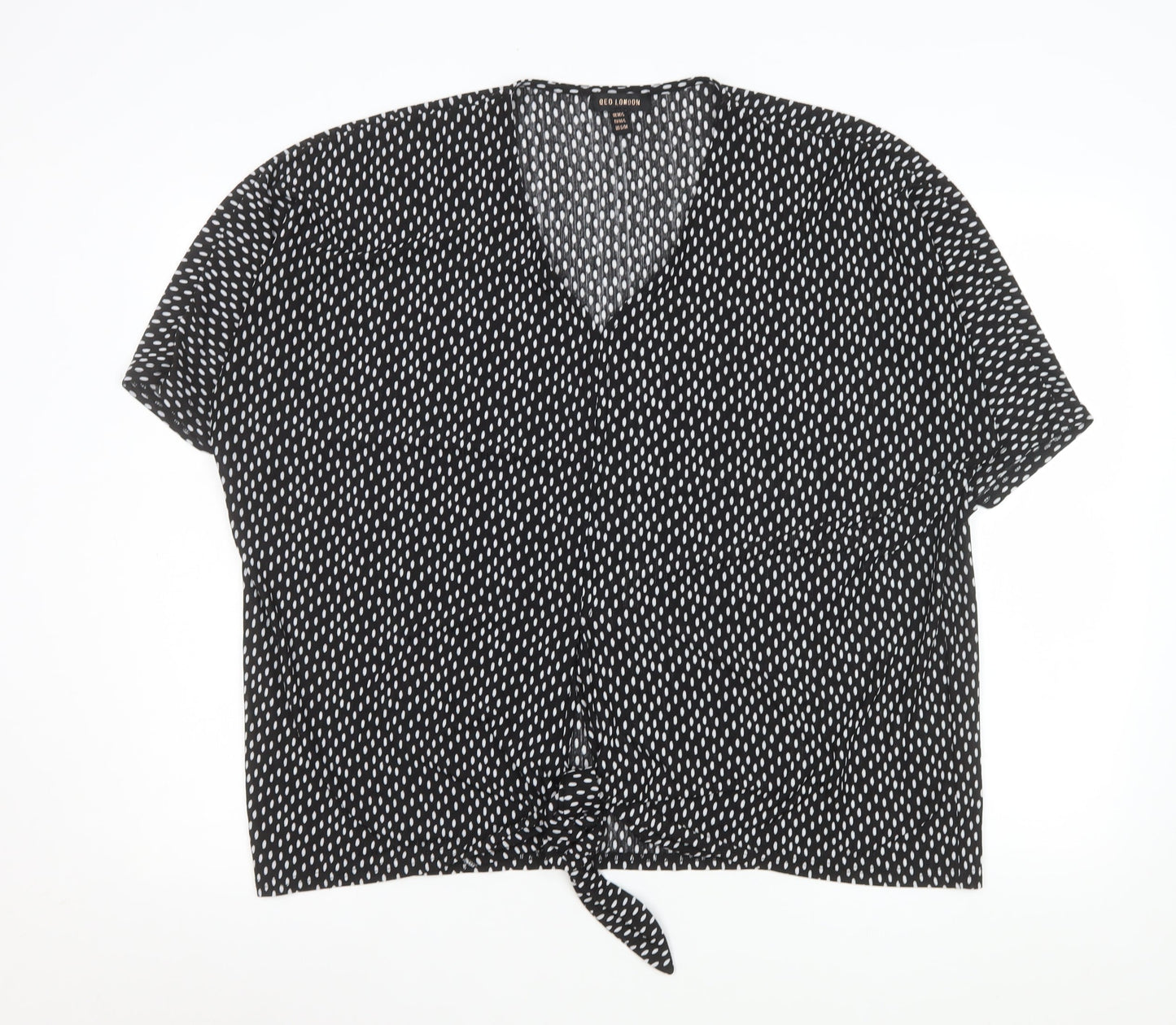 QED London Women's Black White Polka Dot V-Neck Tie Front Blouse M/L