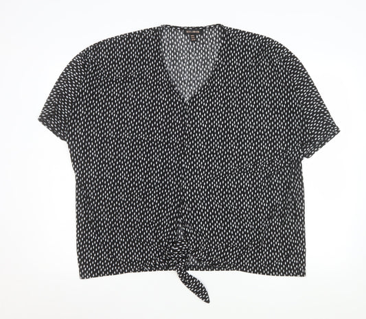 QED London Women's Black White Polka Dot V-Neck Tie Front Blouse M/L