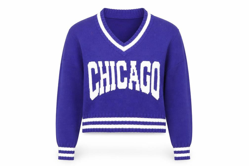 H&M Women Blue V-Neck Chicago Knit Pullover Jumper Size S