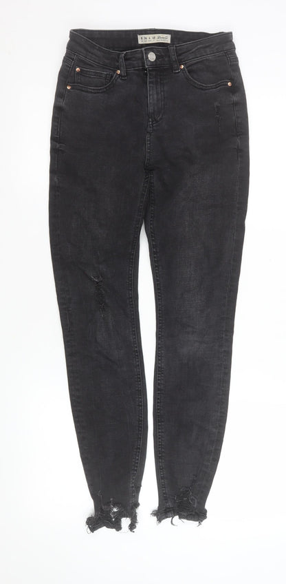 Additional front view of Denim Co. Women's Black, size 8, Skinny Distressed Jeans