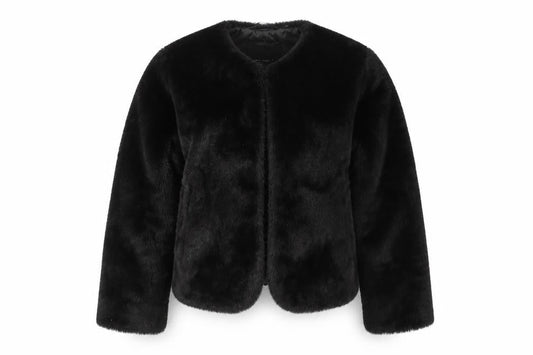 Front view of NAME IT girls’ black faux fur short jacket 6 years lined winter coat