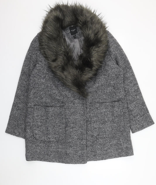 New Look Curves Women’s Grey Faux Fur Collar Wool Blend Coat Size 18