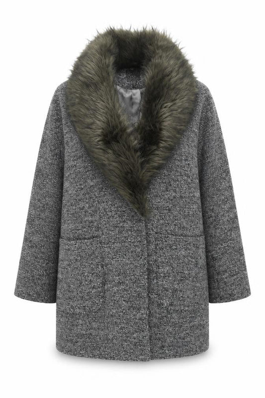 New Look Curves Women’s Grey Faux Fur Collar Wool Blend Coat Size 18